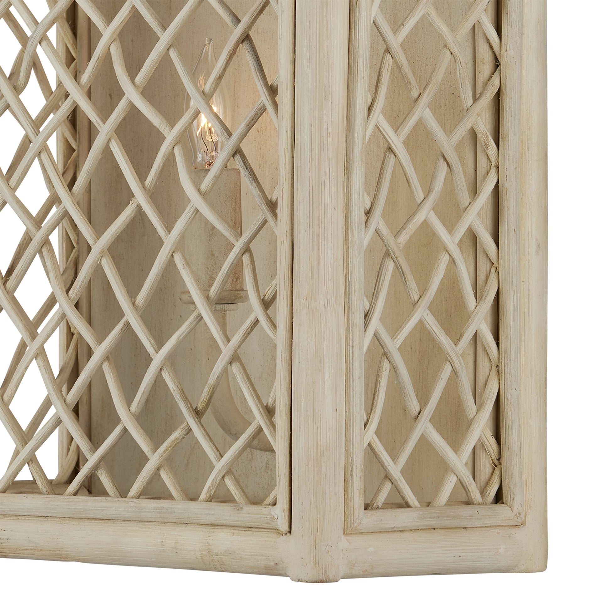 Wanstead Ivory Wall Sconce by Currey and Company in bleached natural, antique pearl. Made from rattan, wrought iron in a cottage & farmhouse style.