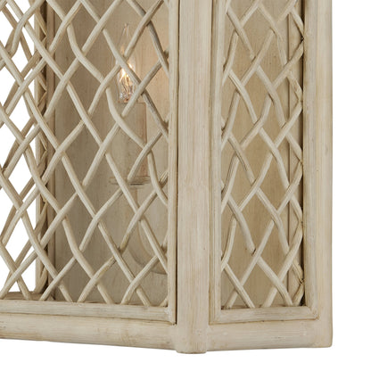 Wanstead Ivory Wall Sconce by Currey and Company in bleached natural, antique pearl. Made from rattan, wrought iron in a cottage & farmhouse style.