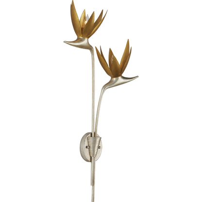 Paradiso Wall Sconce by Currey and Company in contemporary silver leaf, contemporary gold leaf. Made from wrought iron in a modern style.
