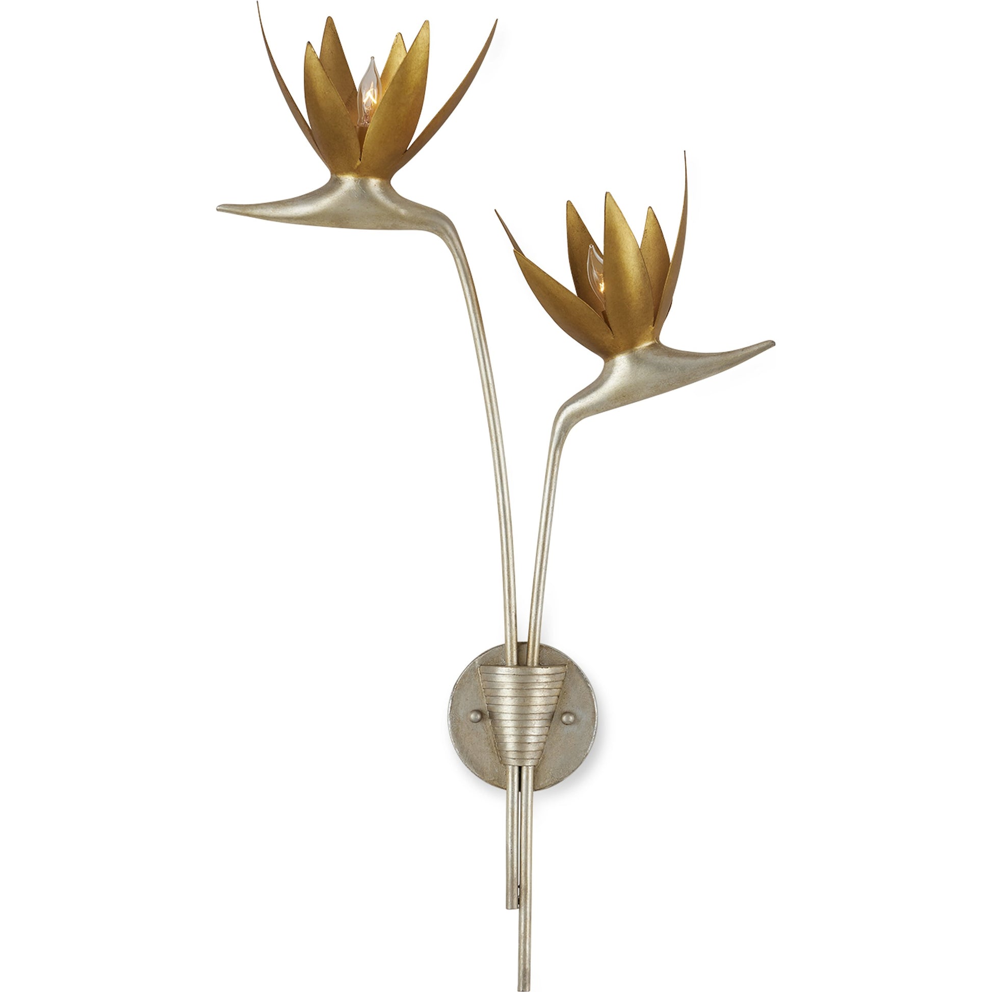 Paradiso Wall Sconce by Currey and Company in contemporary silver leaf, contemporary gold leaf. Made from wrought iron in a modern style.