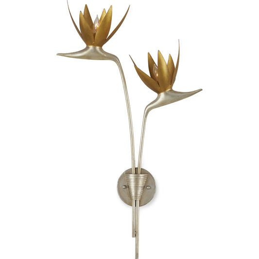 Paradiso Wall Sconce by Currey and Company in contemporary silver leaf, contemporary gold leaf. Made from wrought iron in a modern style.