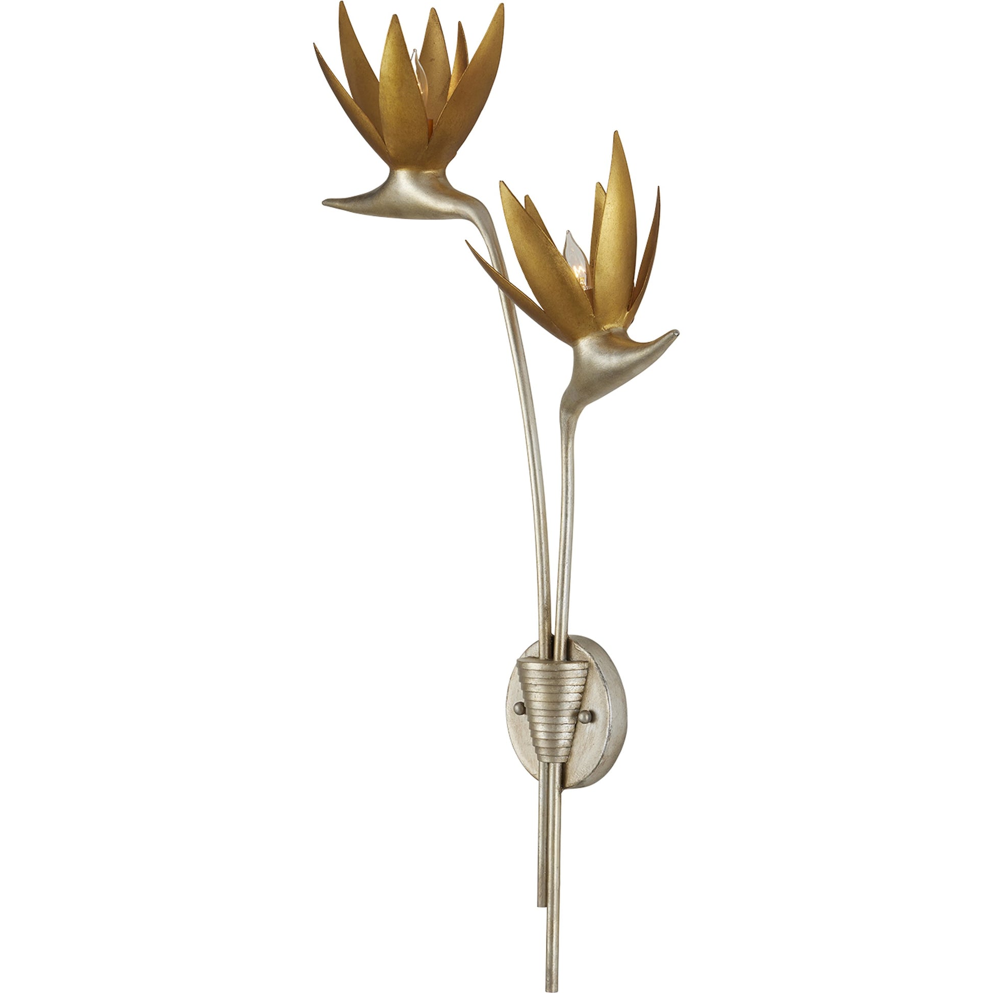 Paradiso Wall Sconce by Currey and Company in contemporary silver leaf, contemporary gold leaf. Made from wrought iron in a modern style.
