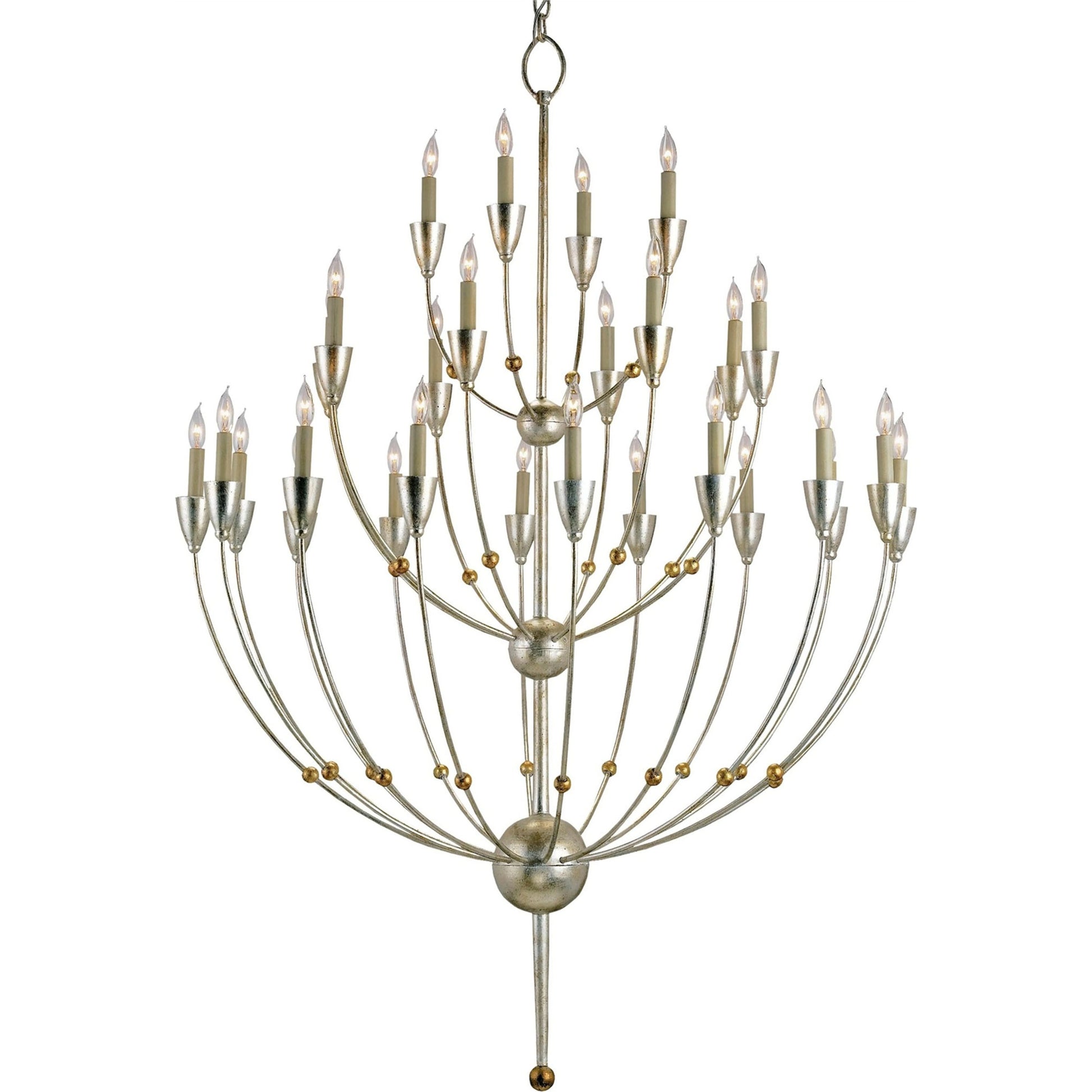 Paradox Chandelier by Currey and Company in silver granello, gold leaf. Made from wrought iron in a modern style.