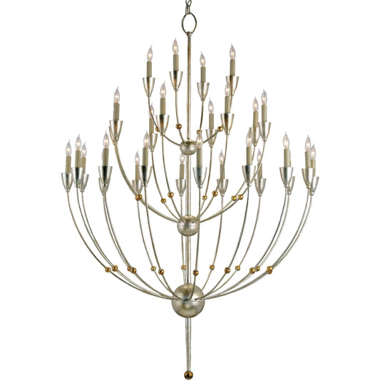 Paradox Chandelier by Currey and Company in silver granello, gold leaf. Made from wrought iron in a modern style.