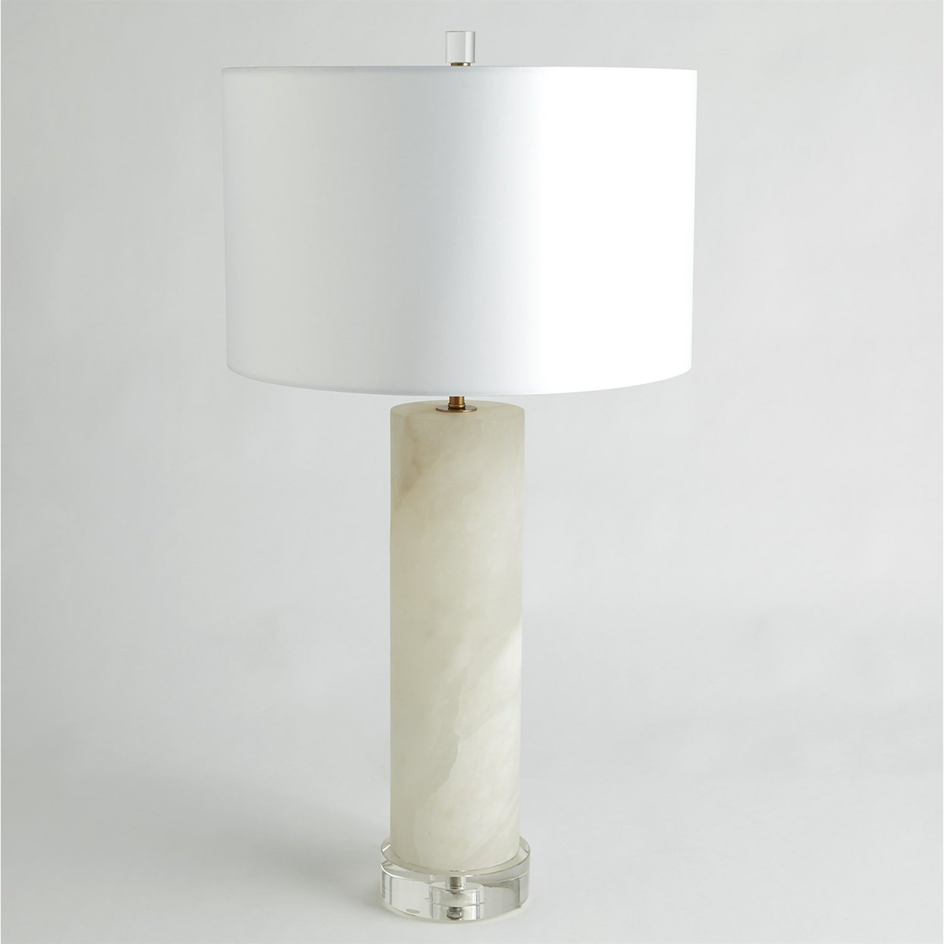 Alabaster Cylinder Table Lamp by Global Views in brass. Made from crystal, metal, alabaster in a coastal style.