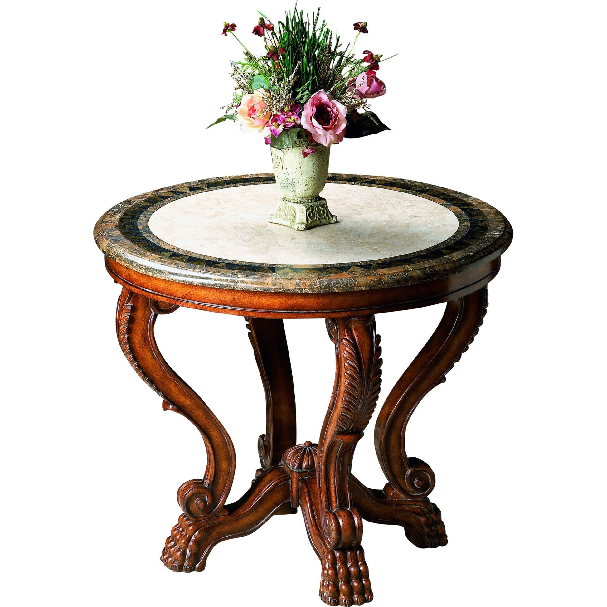 Foyer Table by Butler Specialty Company in multi-color and heritage. Made from wood soilds, wood products, resin, fossil stone, brass in a traditional style.