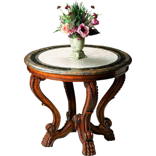 Foyer Table by Butler Specialty Company in multi-color and heritage. Made from wood soilds, wood products, resin, fossil stone, brass in a traditional style.