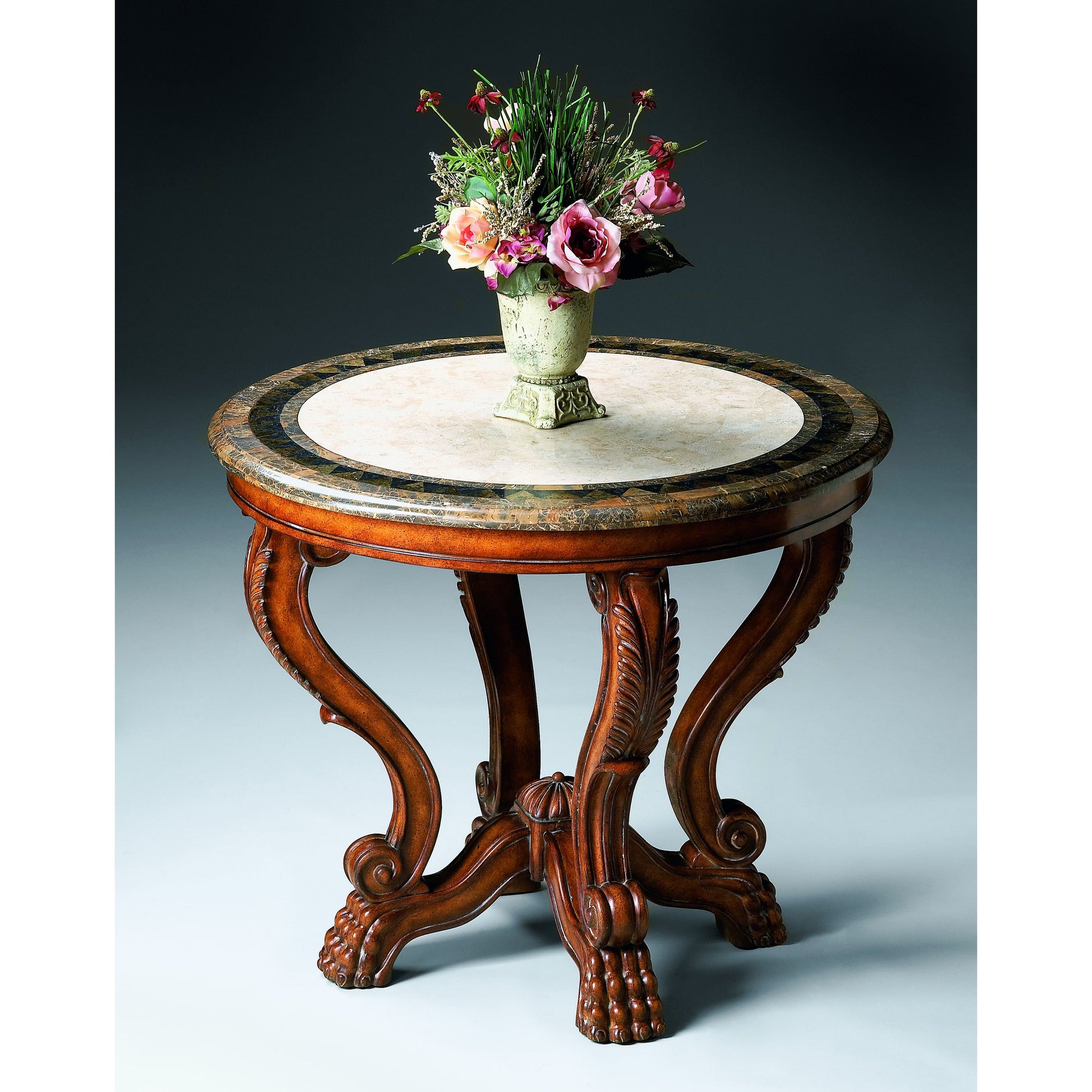 Foyer Table by Butler Specialty Company in multi-color and heritage. Made from wood soilds, wood products, resin, fossil stone, brass in a traditional style.