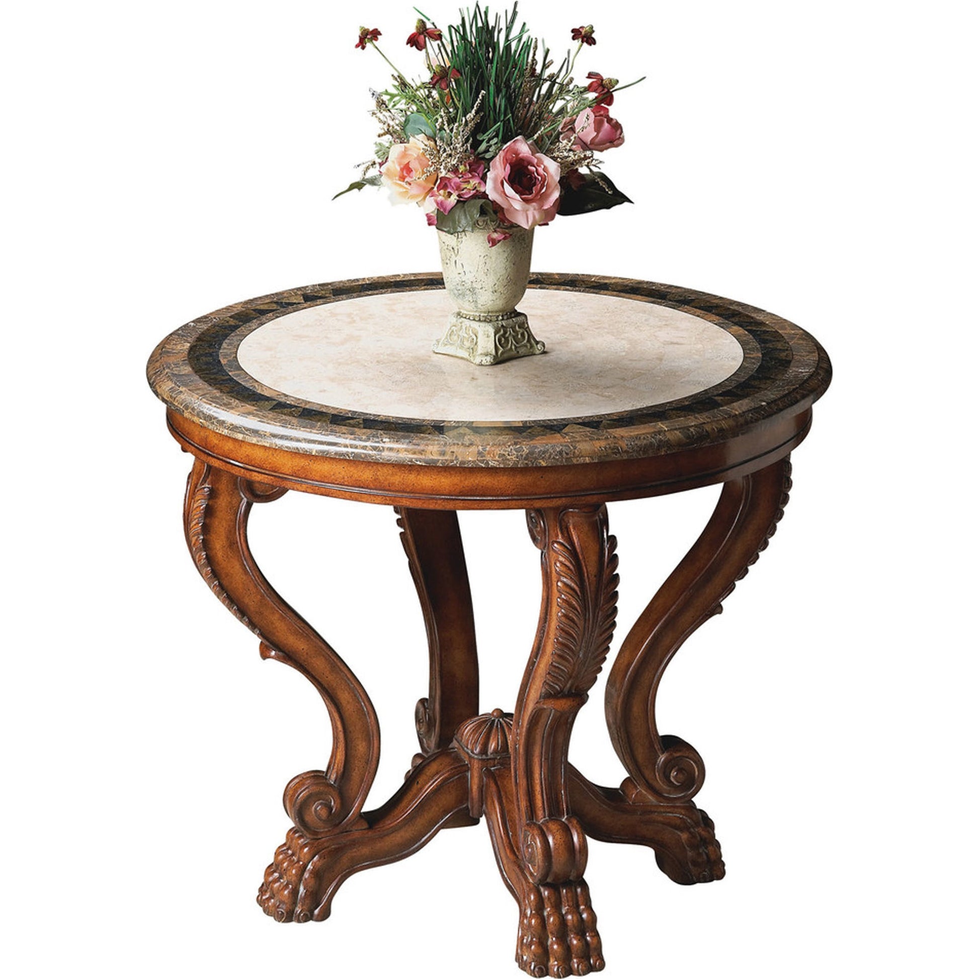 Foyer Table by Butler Specialty Company in multi-color and heritage. Made from wood soilds, wood products, resin, fossil stone, brass in a traditional style.