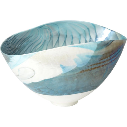 Ivory Turquoise Feather Swirl Oval Bowl by Global Views. Made from art glass in a coastal style.