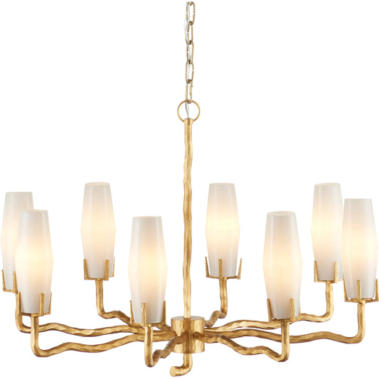 Mathilda Chandelier by Currey and Company in white, matte gold. Made from glass, brass in a unique style.