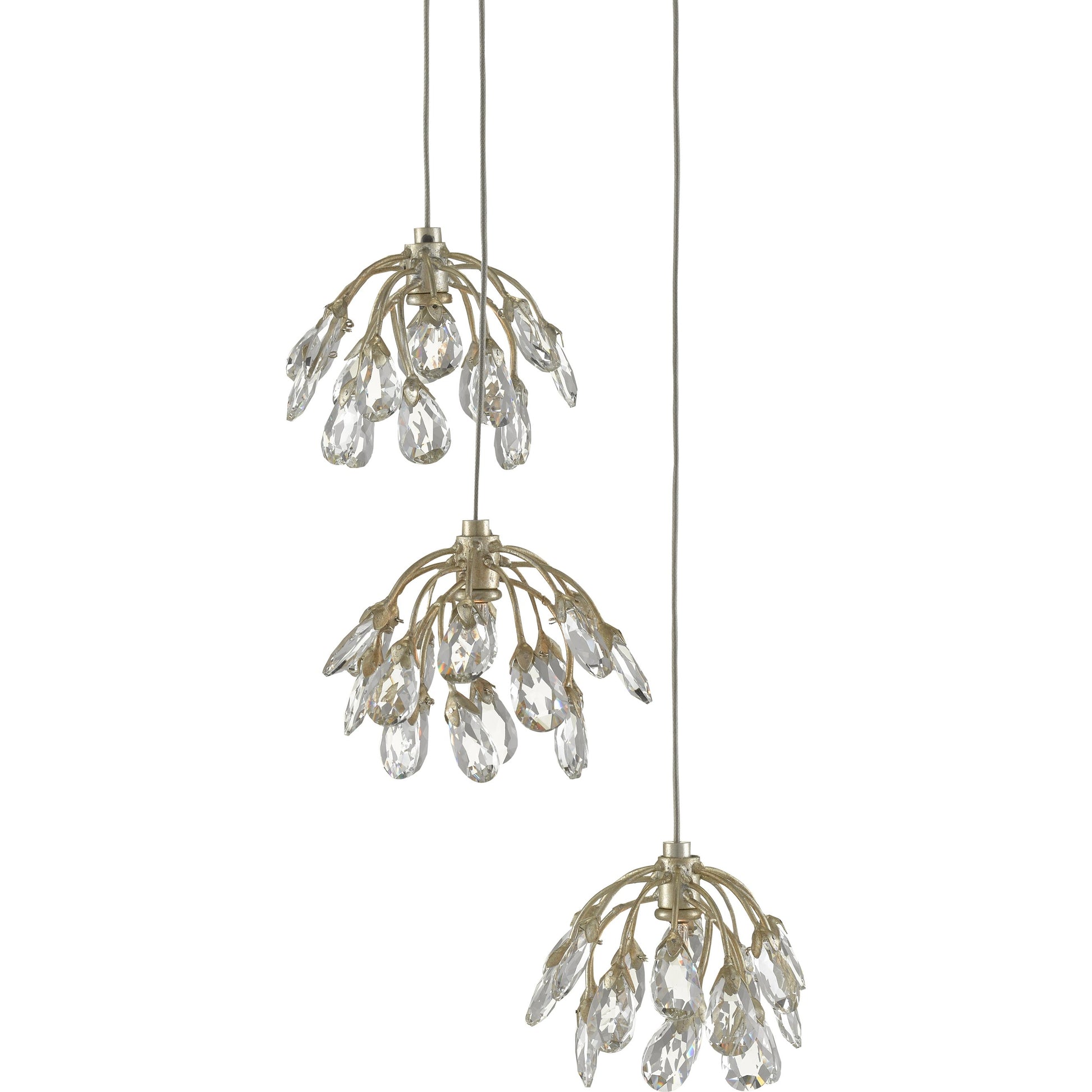 Crystal Bud Pendant by Currey and Company in painted silver, contemporary silver leaf. Made from crystal, wrought iron in a transitional style.