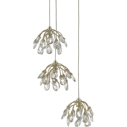 Crystal Bud Pendant by Currey and Company in painted silver, contemporary silver leaf. Made from crystal, wrought iron in a transitional style.