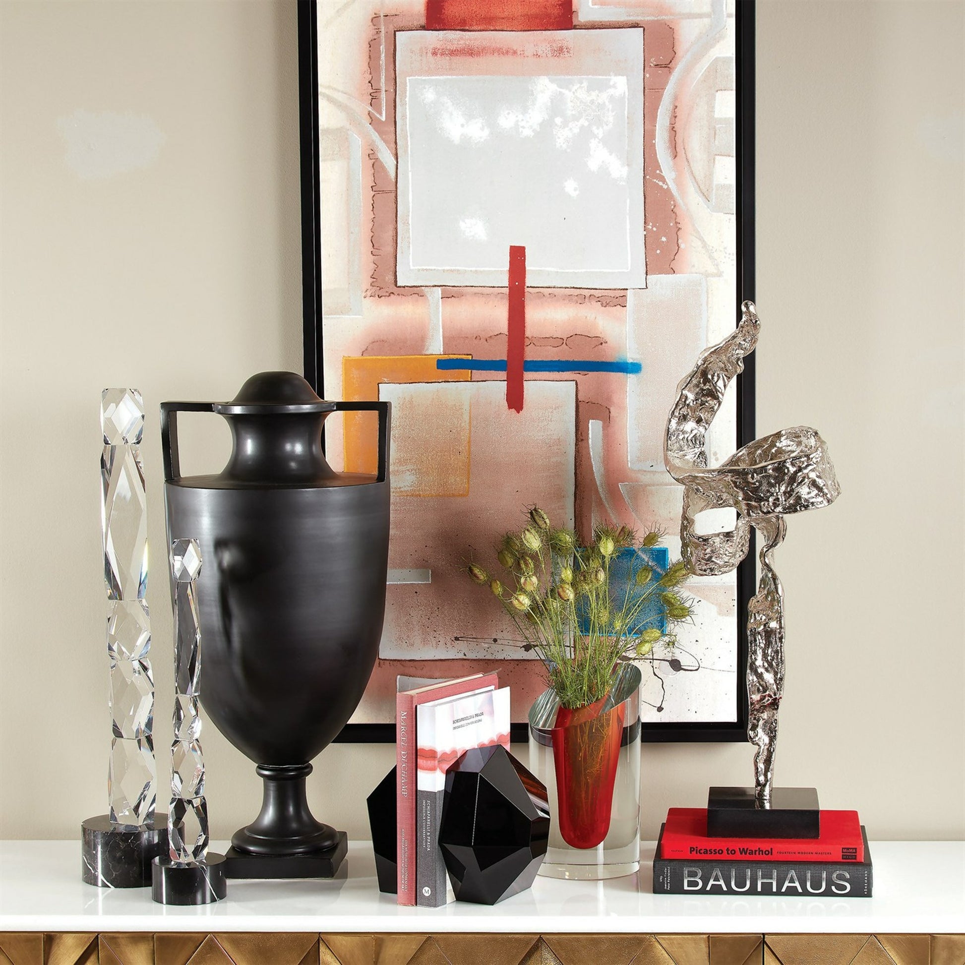 Slanted Vase by Global Views in clear with bubbles. Made from artglass in a modern style.