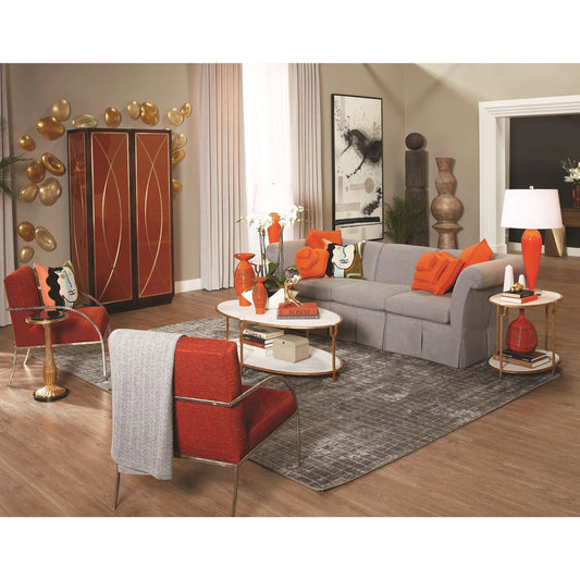And Stone Coffee Table by Global Views in antique gold. Made from iron, honed white marble in a transitional style.