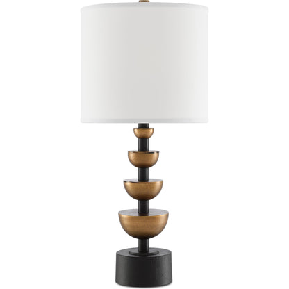 Chastain Table Lamp by Currey and Company in antique brass, black. Made from cast aluminum in a transitional style.