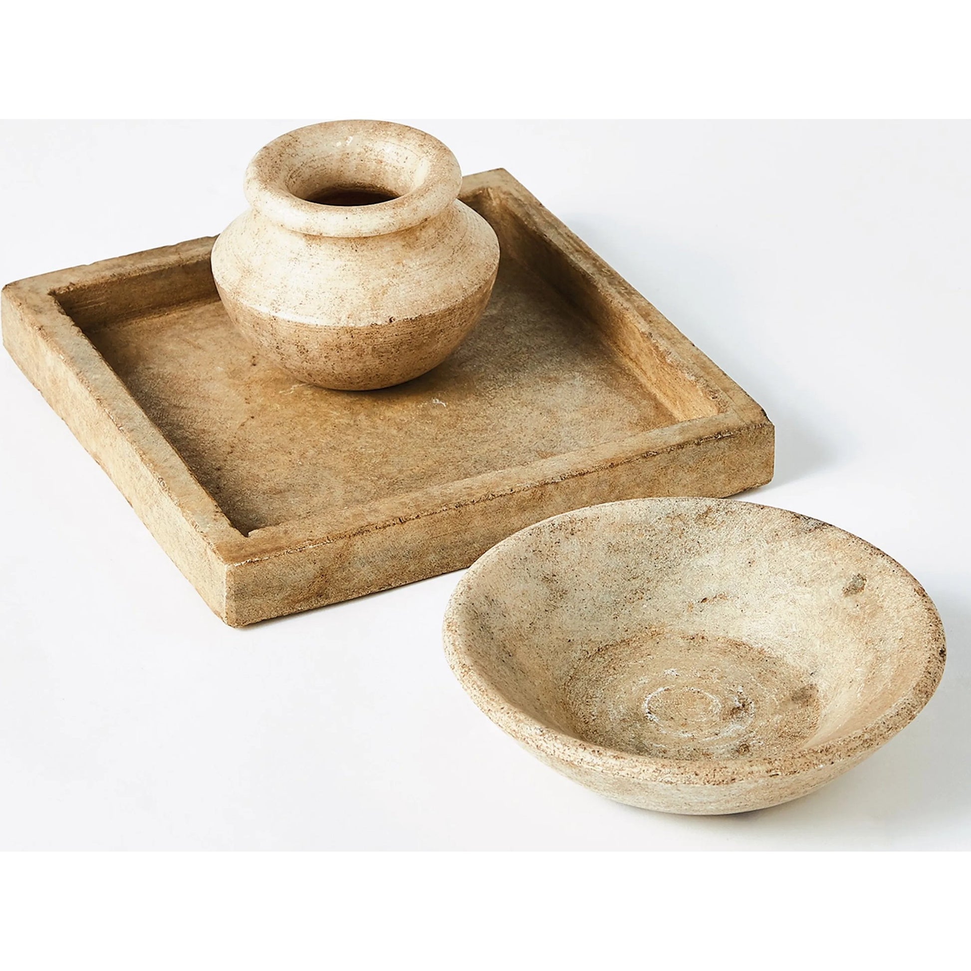 Marble Tray by Global Views in antiqued white. Made from lime stone stained marble in a eclectic & global style.