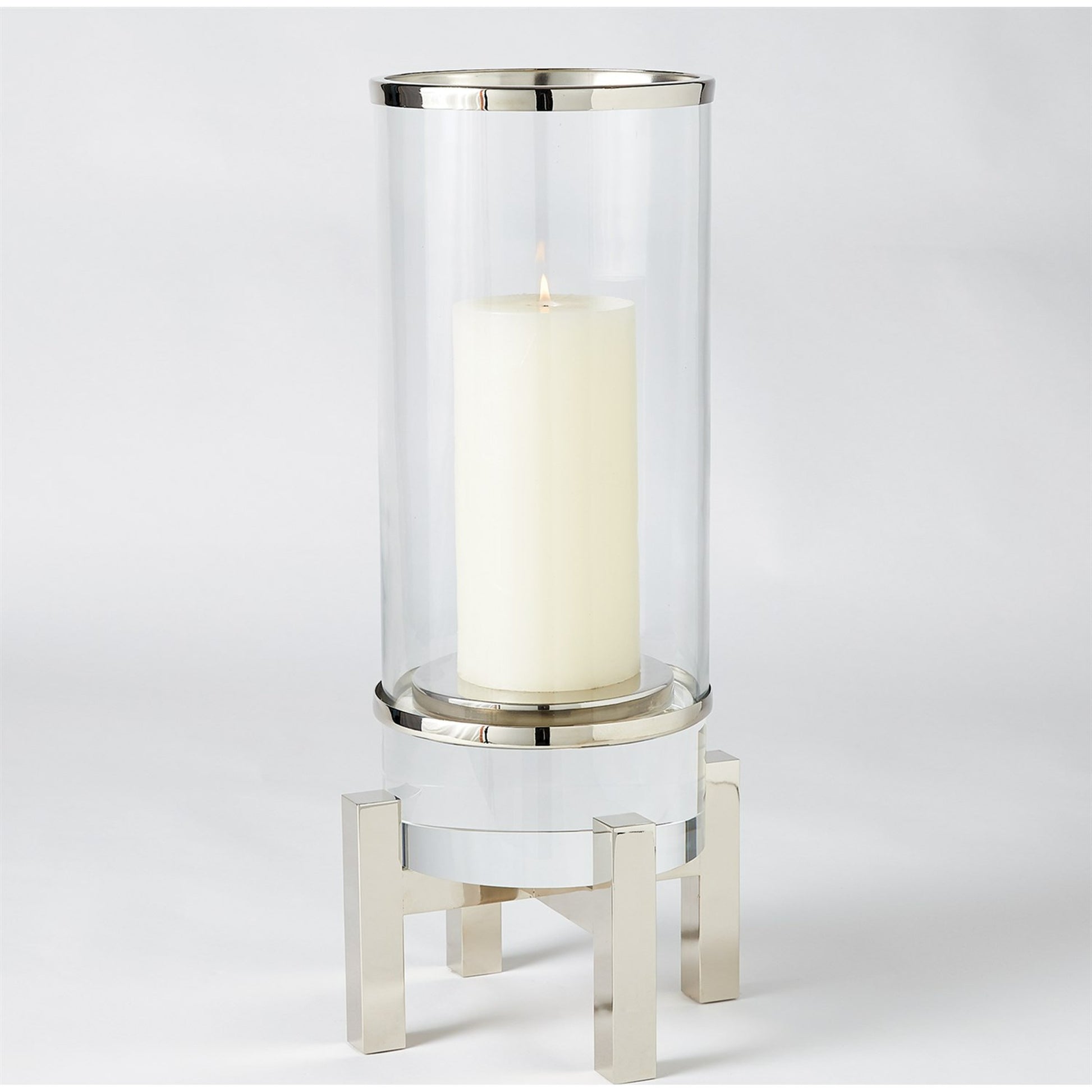 Cylinder Hurricane by Global Views in nickel. Made from brass, nickel, glass in a transitional style.