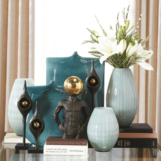 Cased Glass Grid Vase by Global Views in blue, gray. Made from artglass in a modern style.