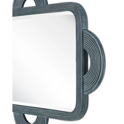 Santos Rectangular Mirror by Currey and Company in navy. Made from rattan, mahogany, glass in a modern style.