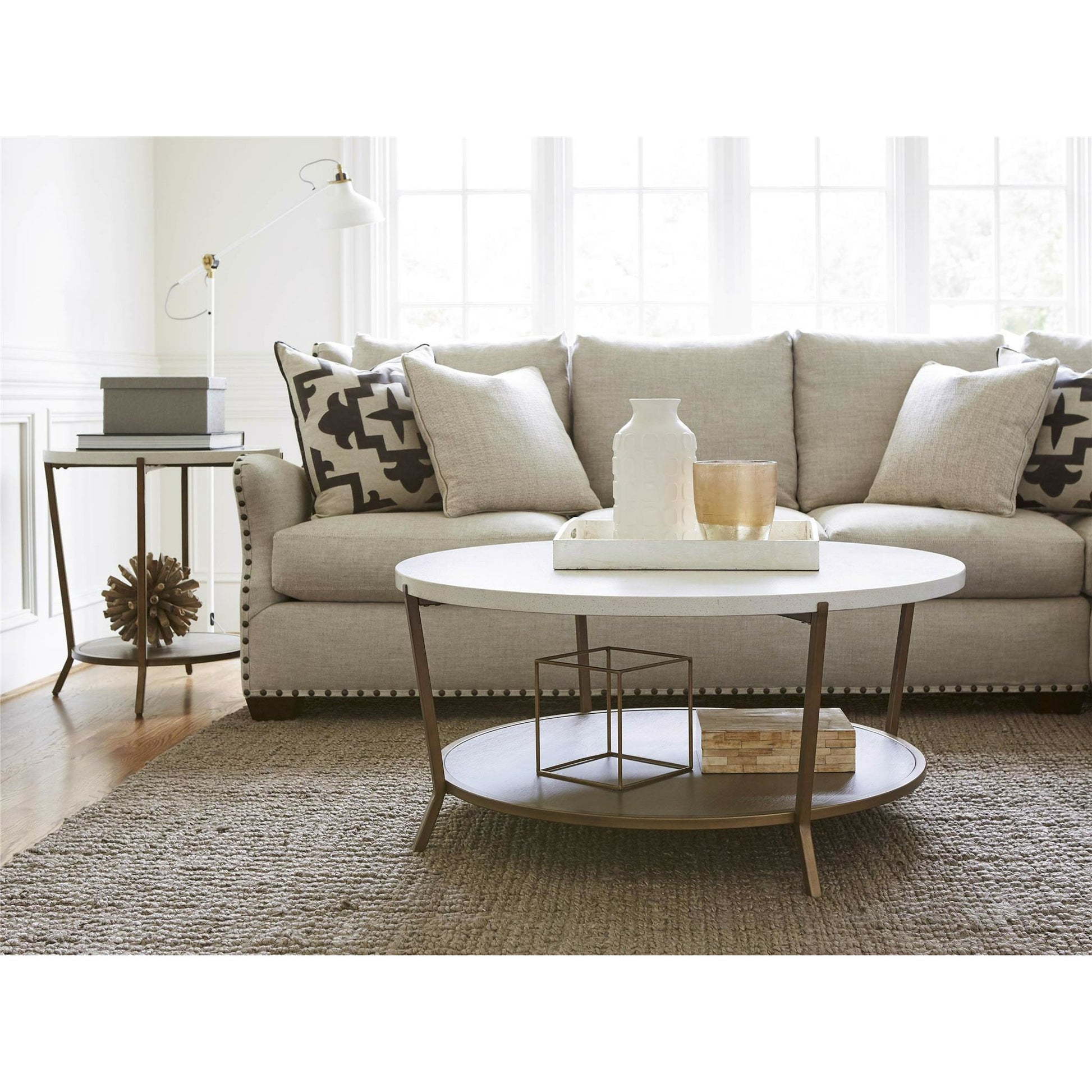 Playlist Round End Table by Universal Furniture in antique brass and brown eyed girl. Made from unique in a transitional style.