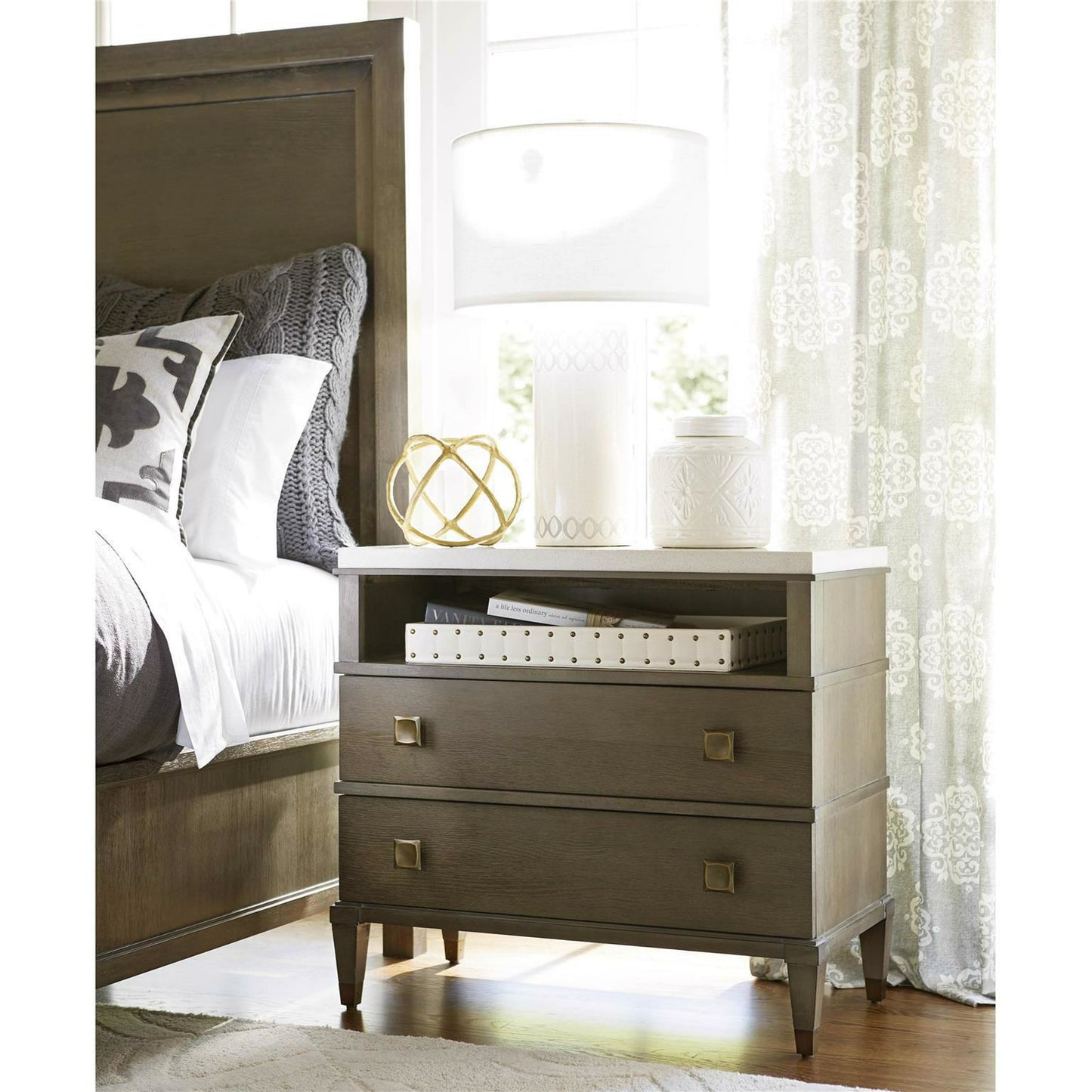 010 SR-813785 | Lifestyle | Playlist Two Drawer Nightstand by Universal Furniture in antique brass. Made from unique in a transitional style.