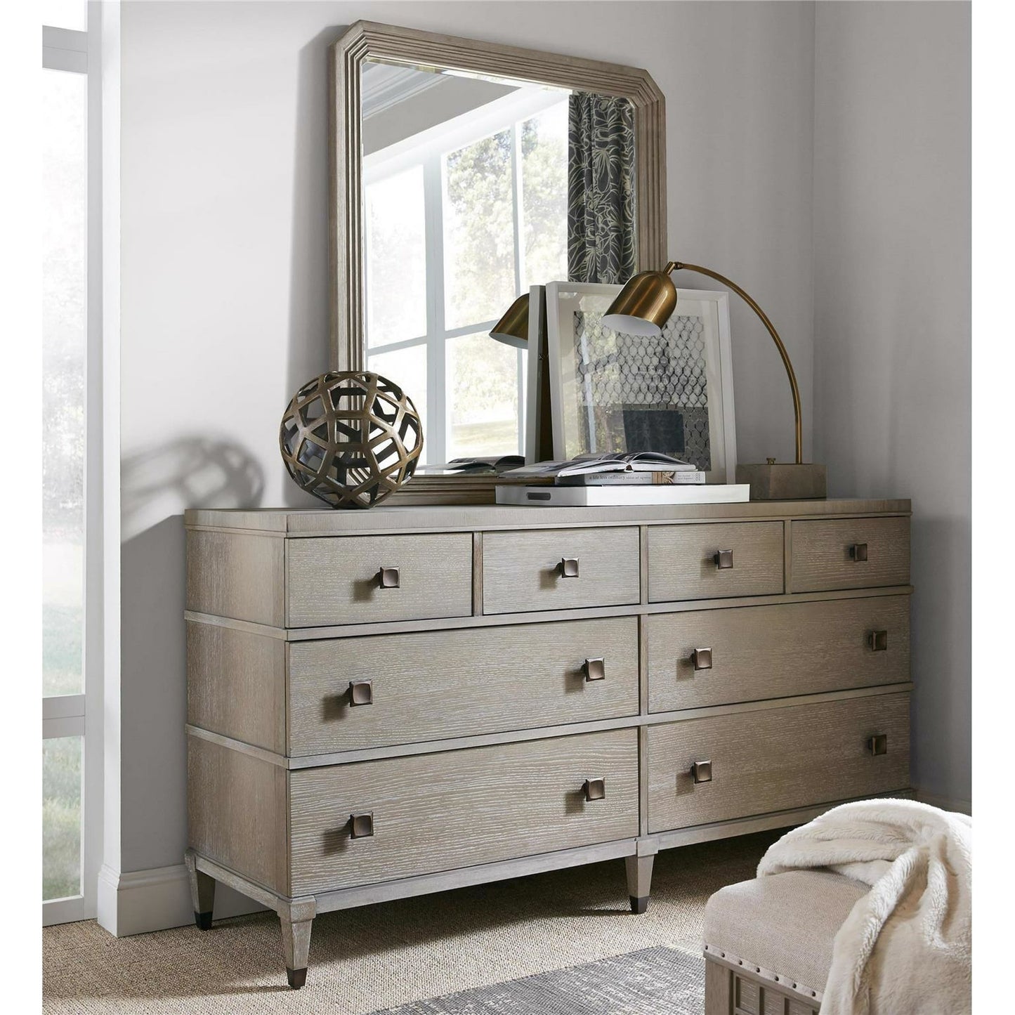 005 SR-814132 | Lifestyle | The Playlist Dresser by Universal Furniture in antique brass and smoke on the water. Made from unique in a transitional style.