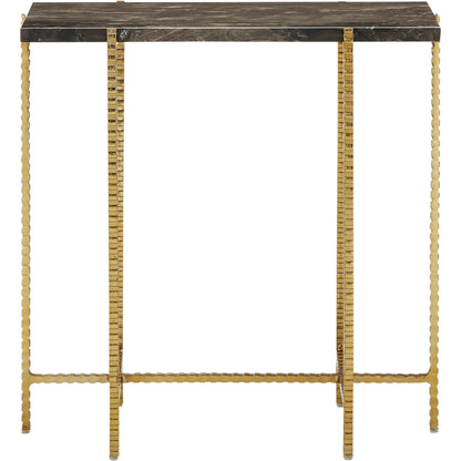 Flying  Side Table by Currey and Company in natural, gold. Made from cappuccino stone, iron in a modern style.