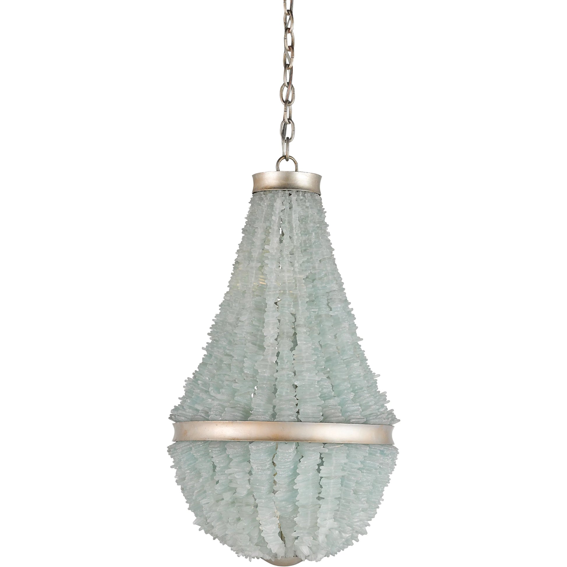 Platea Chandelier by Currey and Company in contemporary silver leaf, seaglass. Made from wrought iron, glass in a coastal style.