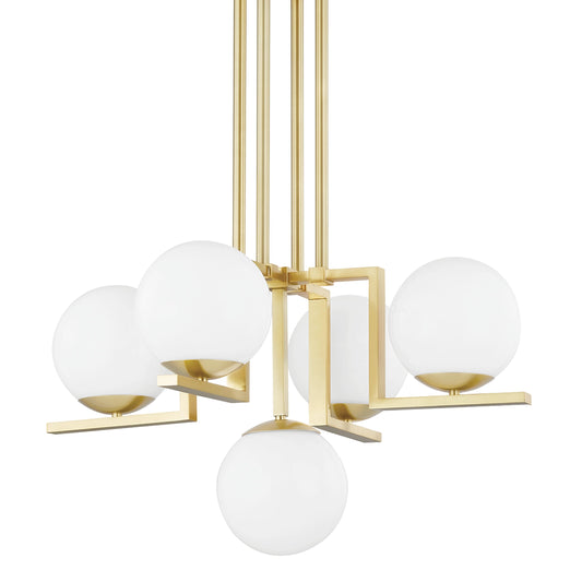 Tanner 5 Light Chandelier by Hudson Valley in aged brass. Made from steel in a modern style.