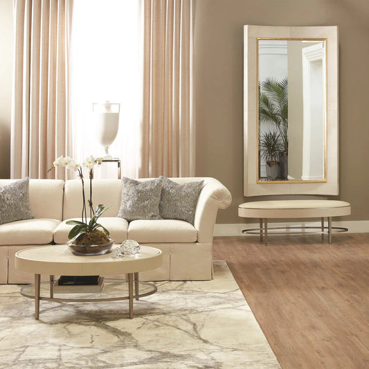Curved Floor Mirror by Global Views in gold leaf. Made from unique in a transitional style.