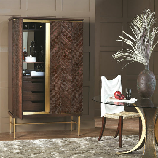 Latilla Bar Cabinet by Global Views. Made from brass, mirror in a transitional style.