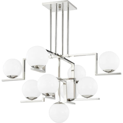 Tanner 9 Light Chandelier by Hudson Valley in polished nickel. Made from steel in a modern style.