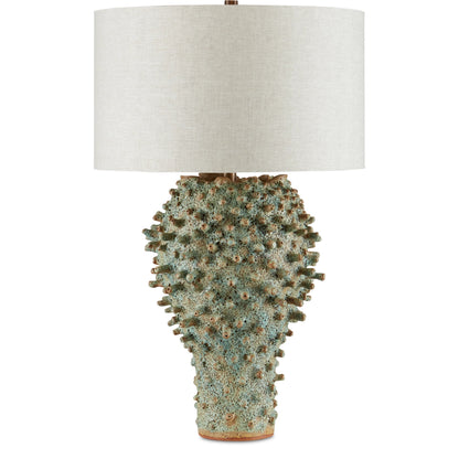 Sea Urchin Table Lamp by Currey and Company in sunken green. Made from ceramic in a coastal style.