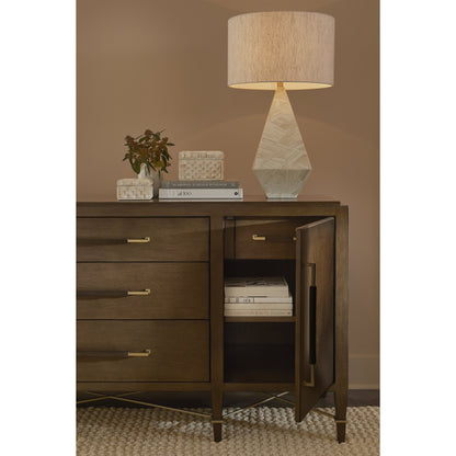 Verona Three-Drawer Chest by Currey and Company in lacquered black linen, champagne. Made from black linen, mahogany, brass, iron in a traditional style.