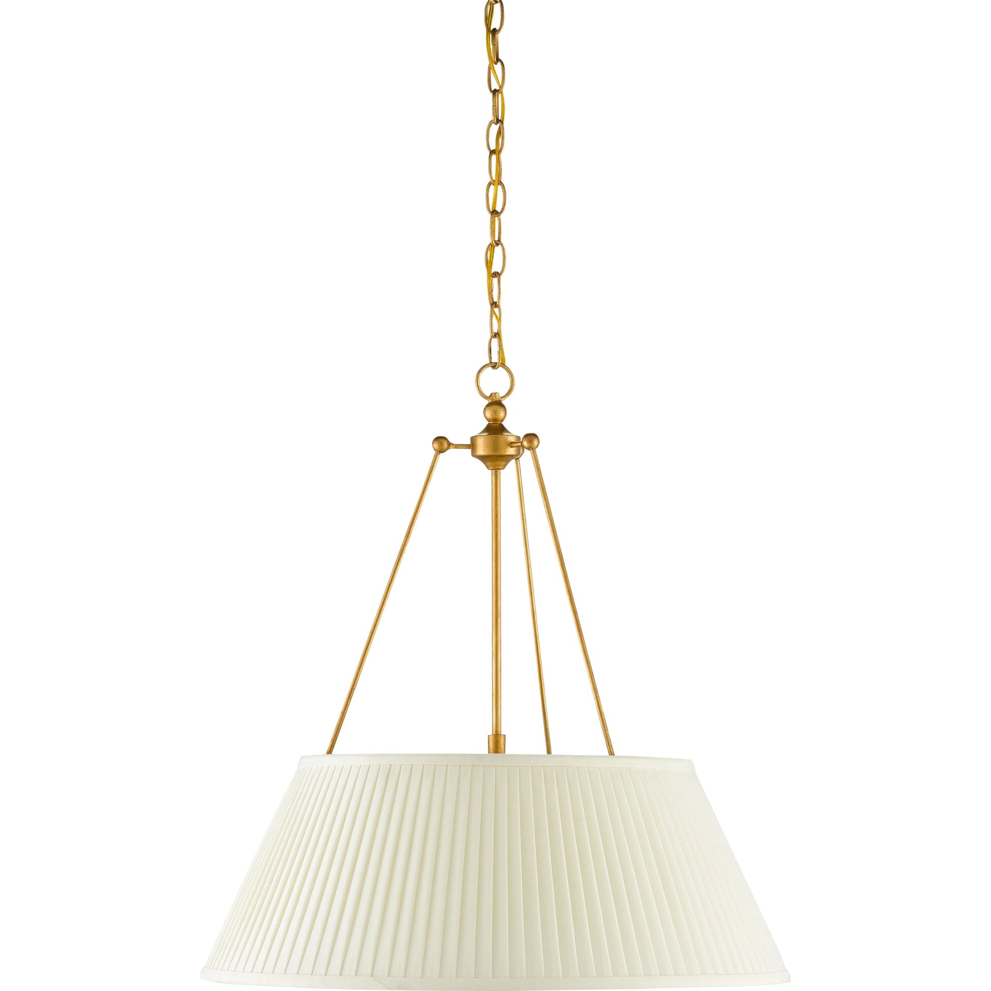 Lytham Pendant by Currey and Company in antique gold leaf, white. Made from wrought iron, fabric in a traditional style.