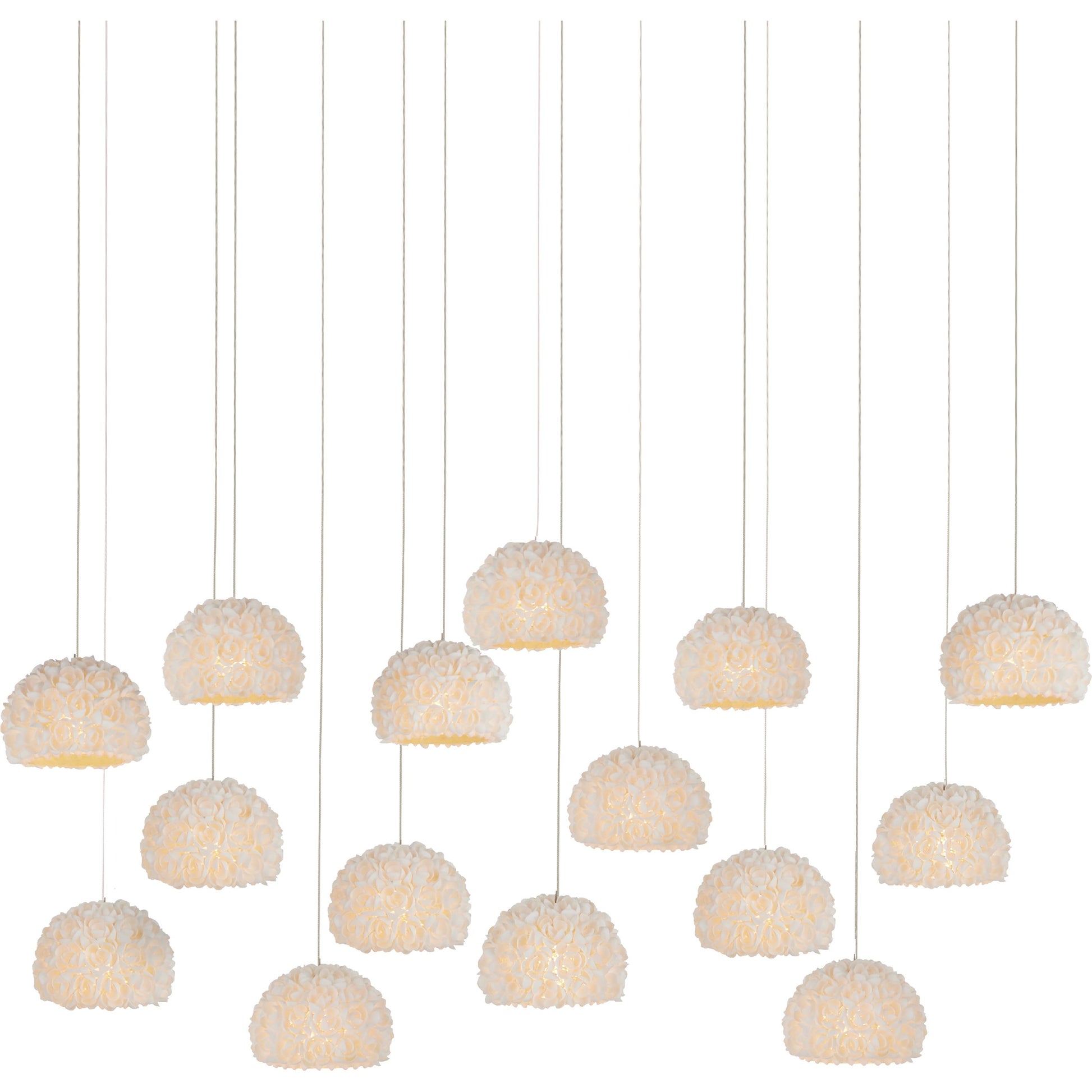 Virtu 15-Light Rectangular Multi-Drop Pendant by Currey and Company in natural, silver. Made from clamrose shell, metal, composite in a modern style.