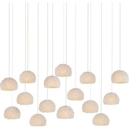 Virtu 15-Light Rectangular Multi-Drop Pendant by Currey and Company in natural, silver. Made from clamrose shell, metal, composite in a modern style.