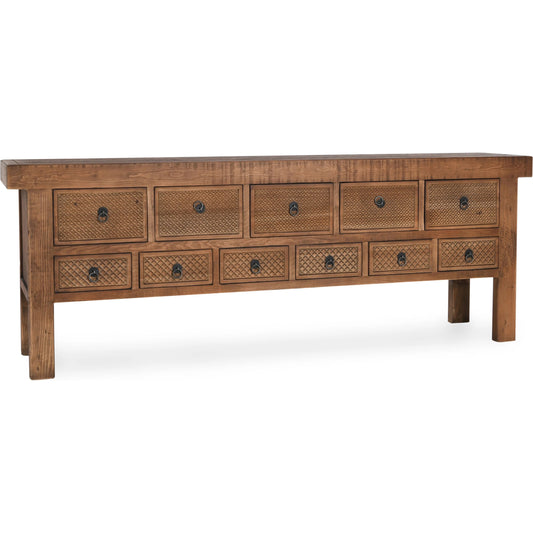Lahey 11-Drawer Pine Wood Console Table by Classic Home in mission brown. Made from reclaimed pine in a unique style.