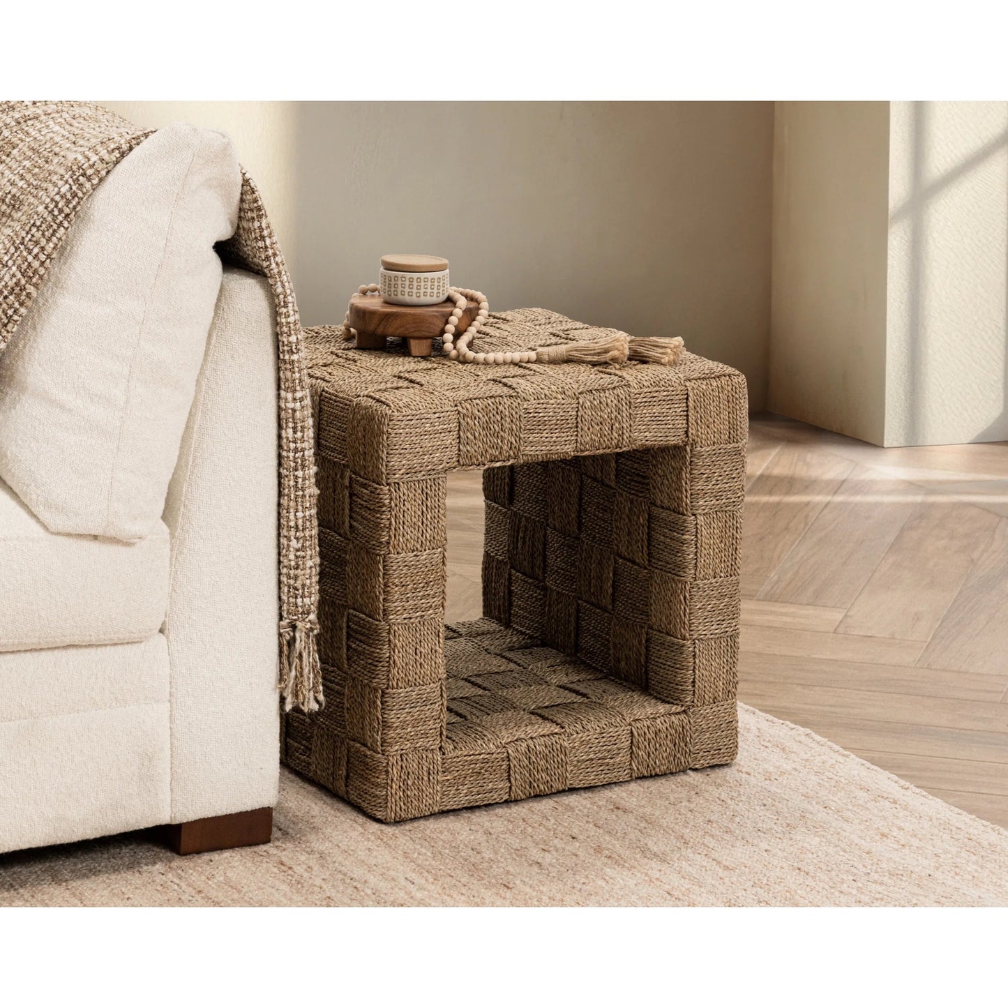 006 SI-2518804 | Lifestyle | Neyla End Table by Classic Home in natural. Made from seagrass, plywood in a rustic style.