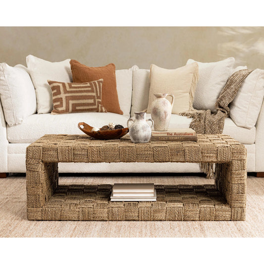 Neyla Coffee Table by Classic Home in natural. Made from seagrass, plywood in a rustic style.