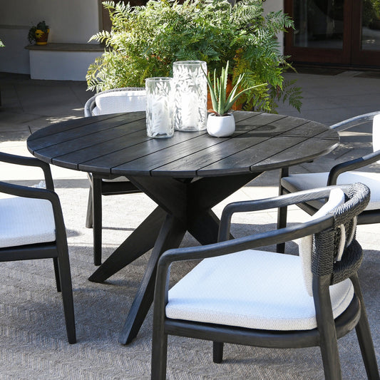 Alameda Outdoor Round Dining Table by Classic Home in black matte. Made from teak wood in a modern style.