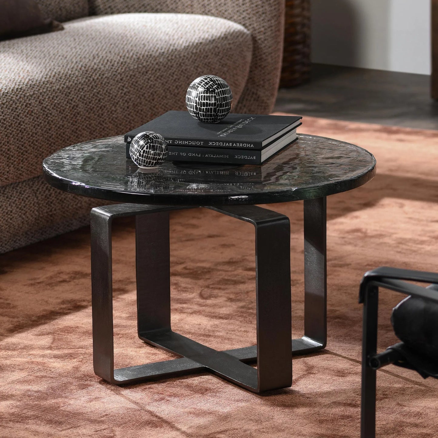 008 SI-2238799 | Lifestyle | Keith 28" Industrial Glass Black Coffee Table by Classic Home in black. Made from cast glass, iron in a modern style.