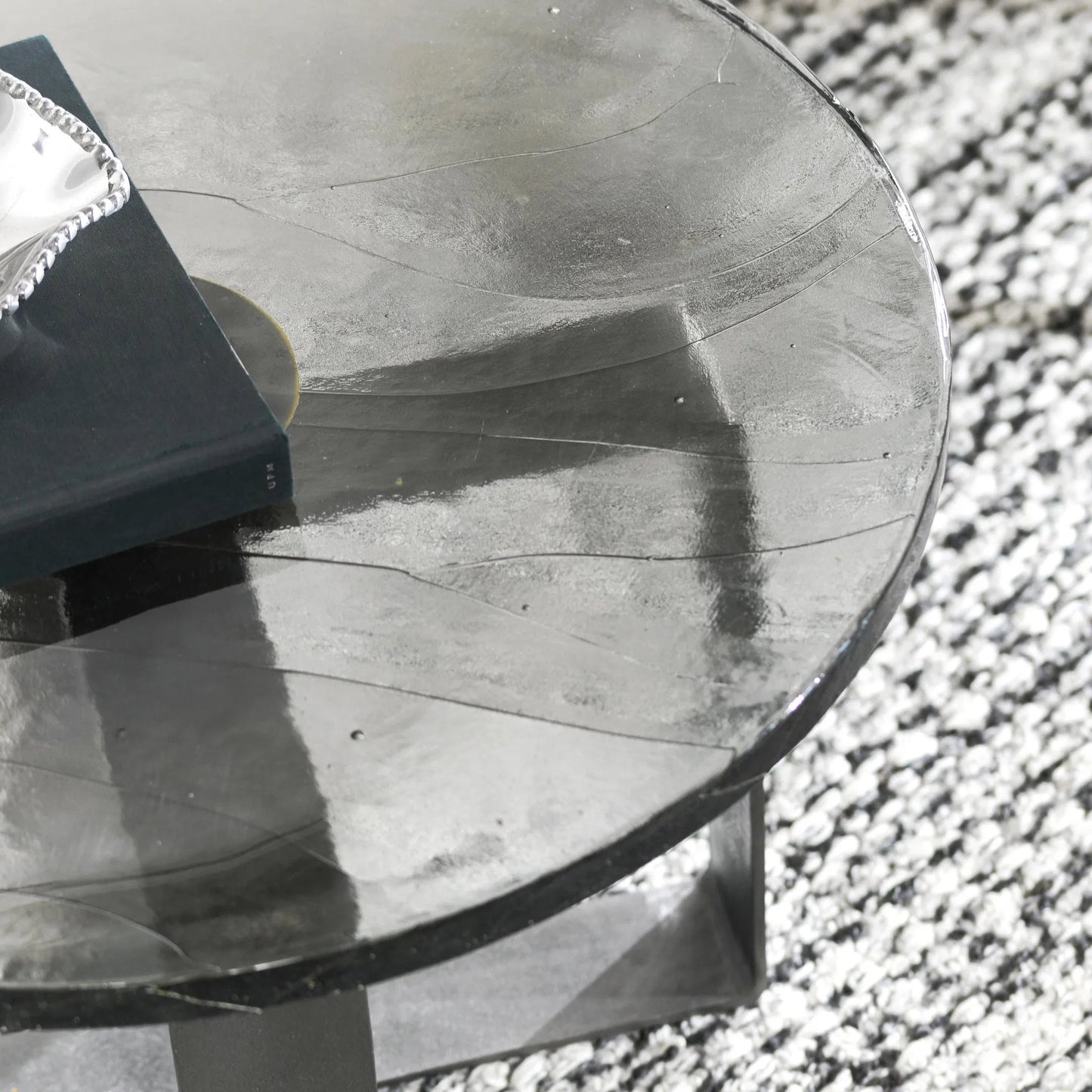 005 SI-2238799 | Closeup | Keith 28" Industrial Glass Black Coffee Table by Classic Home in black. Made from cast glass, iron in a modern style.