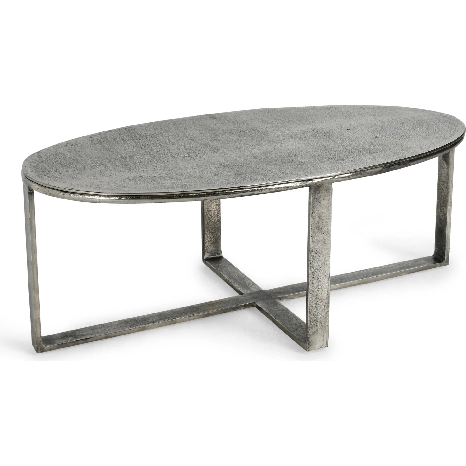 Flores 48" Oval Coffee Table by Classic Home in nickel. Made from cast aluminum in a unique style.