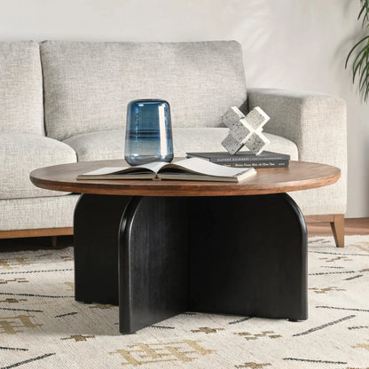 Penelope Mango Wood Two-Tone Coffee Table by Kosas Home in natural brown, black. Made from mango wood in a unique style.