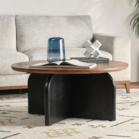 Penelope Mango Wood Two-Tone Coffee Table by Kosas Home in natural brown, black. Made from mango wood in a modern style.
