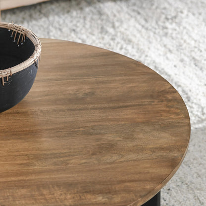 Penelope Mango Wood Two-Tone Coffee Table by Kosas Home in natural brown, black. Made from mango wood in a unique style.