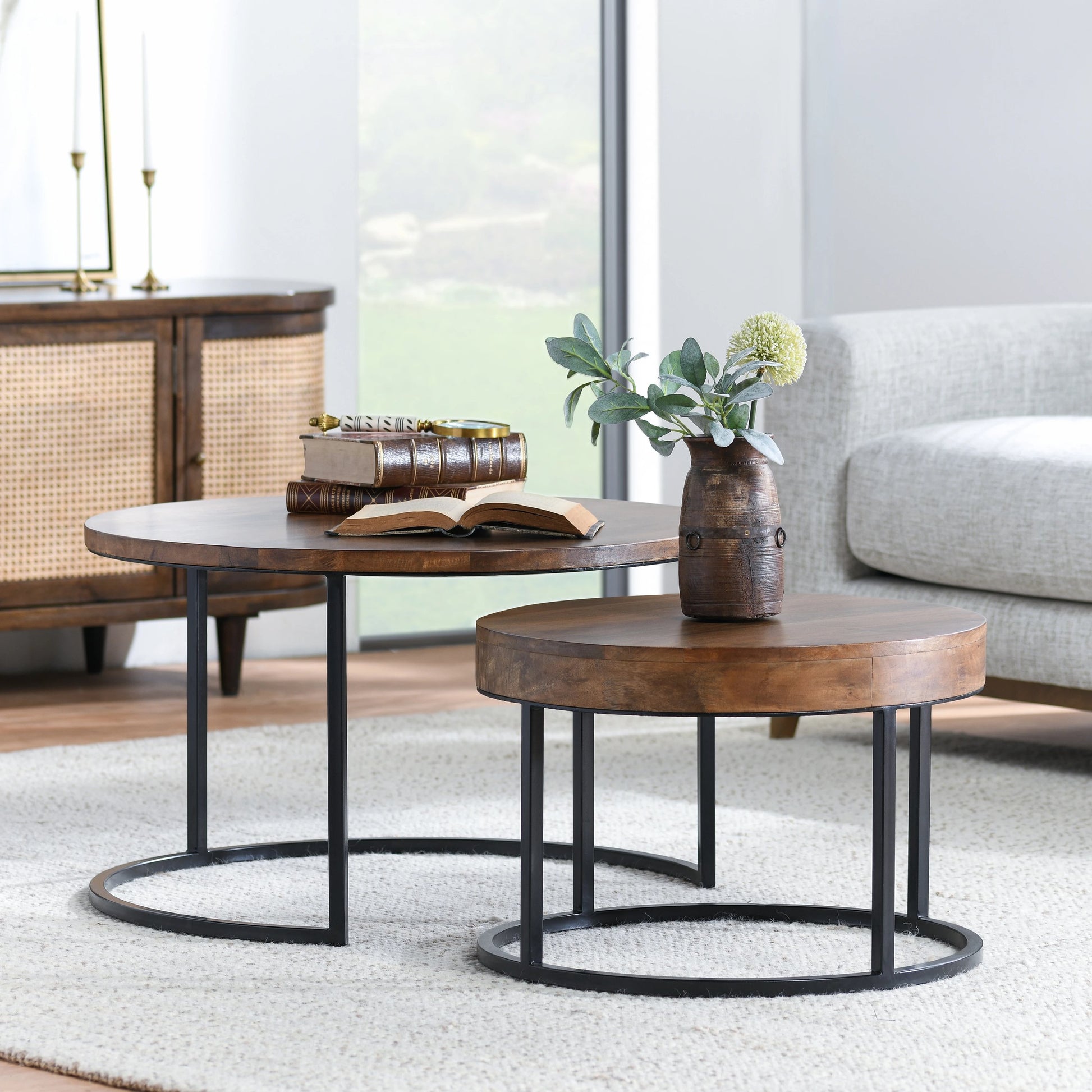 Emma Table Set of 2 Nesting Tables (Set of 2) by Kosas Home in natural brown, black. Made from oak veneer, iron in a modern style.