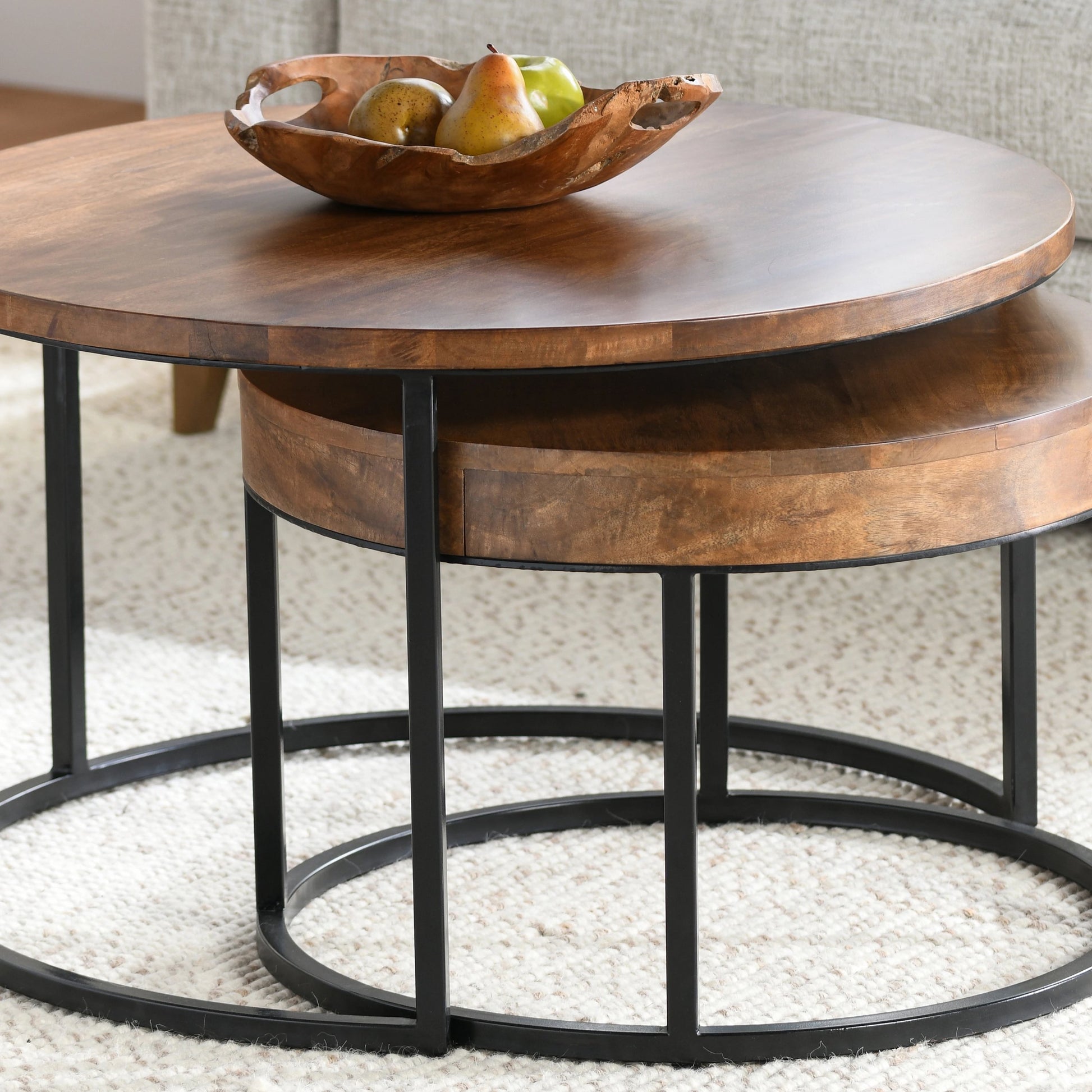 Emma Table Set of 2 Nesting Tables (Set of 2) by Kosas Home in natural brown, black. Made from oak veneer, iron in a modern style.